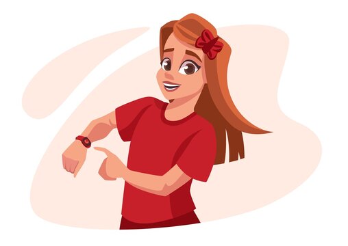 Child with watch. Kid looks to hand with wristwatch. Clock face. Time measurement. Punctual teenager showing timepiece on arm wrist. Vector cartoon person pointing with finger at dial
