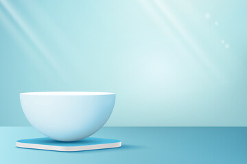 Sphere shaped podium for product display on pastel blue background