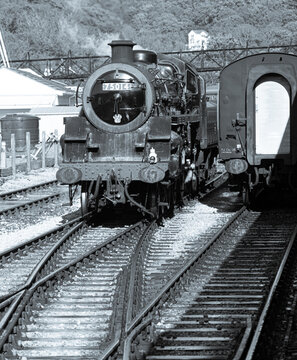 Brixham Devon UK October 1st 2021, 75014 Braveheart on the Dartmouth Steam Railway Black and white Monochrome image