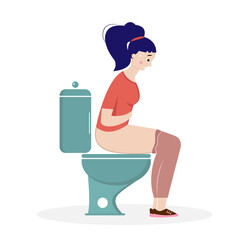 A woman is sitting on the toilet. Constipation.
