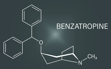 Skeletal formula of Benzatropine or benztropine anticholinergic drug molecule. Used in treatment of Parkinson's disease and Parkinsonism.