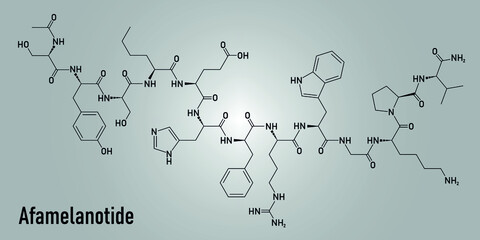 Skeletal formula of Afamelanotide or melanotan-1 photoprotective drug molecule.