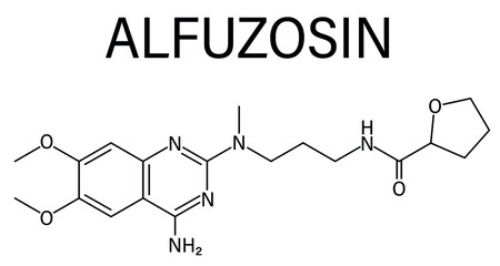 Skeletal formula of Alfuzosin benign prostate hyperplasia or BPH drug molecule.