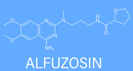 Skeletal formula of Alfuzosin benign prostate hyperplasia or BPH drug molecule.