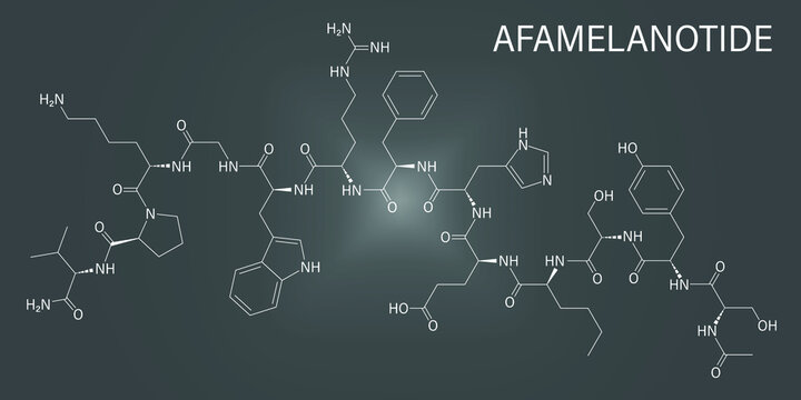 Skeletal formula of Afamelanotide or melanotan-1 photoprotective drug molecule.