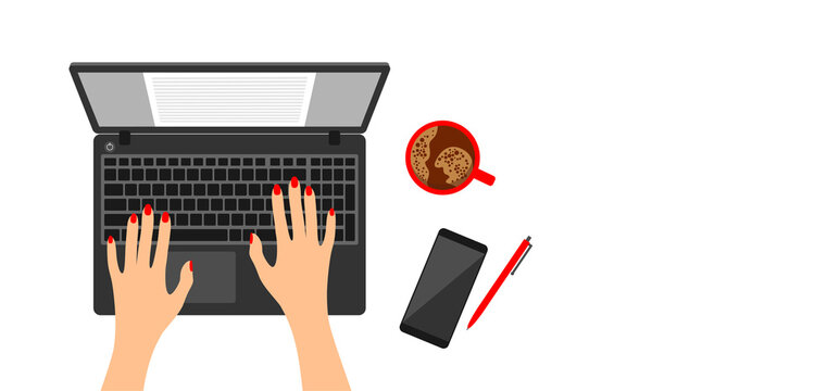 Top view of a woman working on a laptop. Hands with a red manicure on a gray laptop, a smartphone, a red cup of coffee and a pen on a white background with copy space