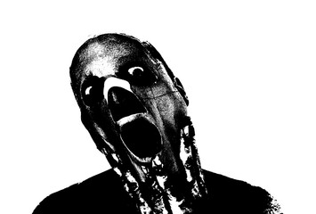 Black and white illustration of a man screaming with his mouth open and his eyes bulging, feeling of horror and terror, frightening human monster © Cyrsiam