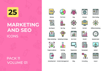 Marketing Icons Collection. Set contains such Icons as Pie Chart, Seo Report, Affiliate Marketing, Marketing Strategy, and more.