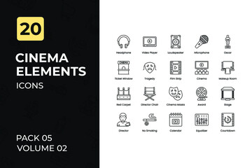 Cinema icons Collection. Set contains such Icons as Film Clapperboard, Cinema Tickets, Cassette Tape, Hd Screen, and more.