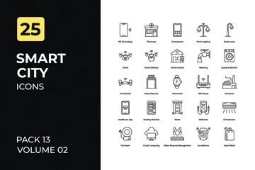 Smart City Icons Collection. Set contains such Icons as Solar Energy, Green Energy, Parking Area, Bus Stop, and more.