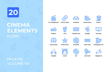Cinema icons Collection. Set contains such Icons as Film Clapperboard, Cinema Tickets, Cassette Tape, Hd Screen, and more.