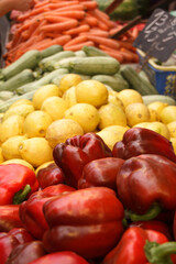 Food in a vendor's stall in the Shook open air market in Jerusalem, Israel