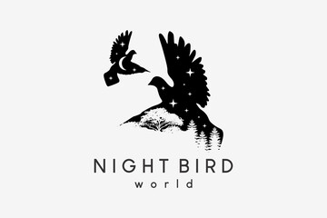 Flying dove silhouette logo design combined with trees with night concept