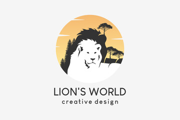Lion world or lion forest logo design, lion silhouette combined with trees on sunset background