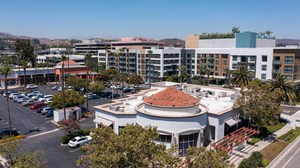 Day time aerial view of the downtown skyline of Brea, California, USA, a city in North Orange...