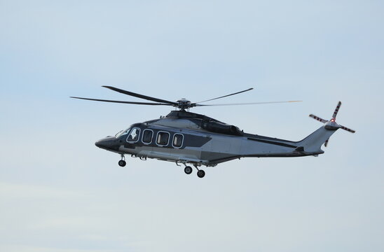 Helicopter flight in the blue sky, St. Petersburg, Russia, July 2022