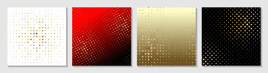 Set of abstract halftone geometric patterns consisting of different golden geometric shapes on colorful backgrounds