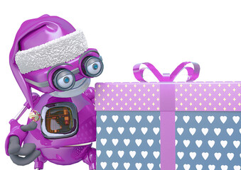 santa bot beside and looking the gift box in white background