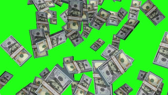 Dollar 100 USD banknote packs falling loop. USA money note fall. 3D seamless looped isolated abstract concept of economy, finance, crisis, success and banking. Green screen.