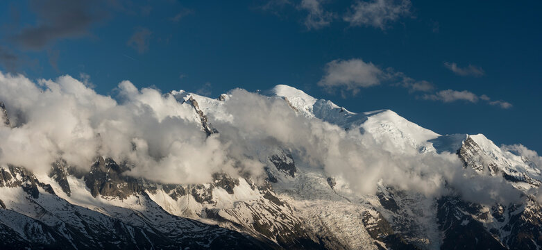 Panoramic o Les aiguilles de chamonix and the  Mont Blanc (4808 meters) at right, Chamonix, France, Europe
