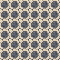 Seamless Damask Wallpaper Pattern in Ecru, Faded Blue, and Navy