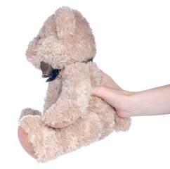 Soft toy bear in hand on white background isolation