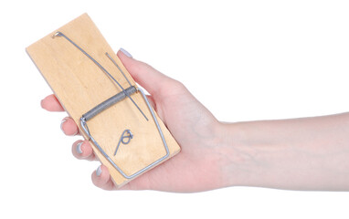 Wooden mouse trap in hand on white background isolation