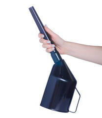 gasoline watering can in hand on white background isolation