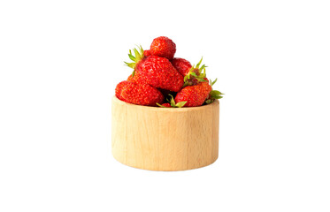 Red ripe strawberries in a wooden cup isolate on a white background.
