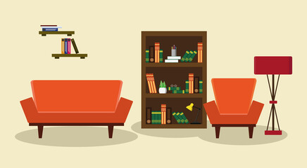 Living room interior with various furniture.