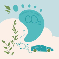 Carbon footprint concept with car with start up CO2. Sources polluted the world. Global problem with big emissions co2. Vector illustration green politics, BIG massage for carbon-neutral, hand drawn