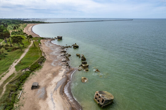 Aerial view sea with military old Ruins