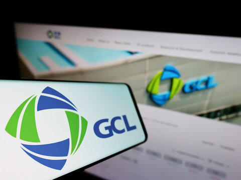 Stuttgart, Germany - 01-30-2022: Smartphone with logo of energy company GCL-Poly Energy Holdings Limited on screen in front of business website. Focus on left of phone display.