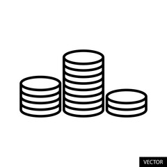 Coins, Money vector icon in line style design for website, app, UI, isolated on white background. Editable stroke. Vector illustration.