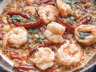 Stir-fried basil with fresh shrimp on the pan