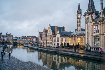 View of the canals in Ghent at sunset