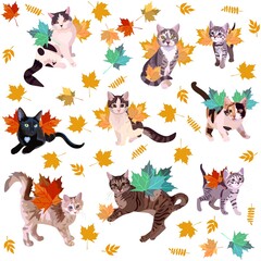 Winged cats vector seamless pattern. Cats with wings made from fallen maple leaves romantic autumn print for fabric.