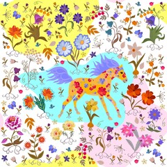 A fabulous orange horse with a floral pattern on its body and a fluttering light purple mane gallops among the flowers. Magical seamless patchwork print full of joy.