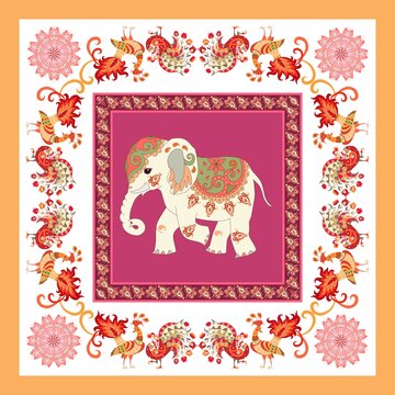 A beautiful handkerchief, pocket, carpet with fabulous peacocks forming a decorative frame, mandalas, paisley and a cute cartoon elephant in vector. Indian, Thai motifs. Ethnic style.