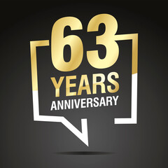 63 Years Anniversary celebrating, gold white speech bubble, logo, icon on black background