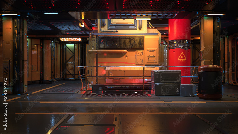 Poster dark moody futuristic science fiction space ship interior. 3d rendering.