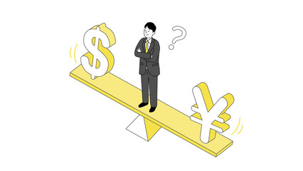 円とドルのバランスの上で悩む男性のイラスト、ベクター