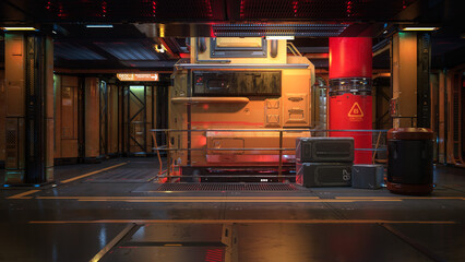 Dark moody futuristic science fiction space ship interior. 3D rendering.