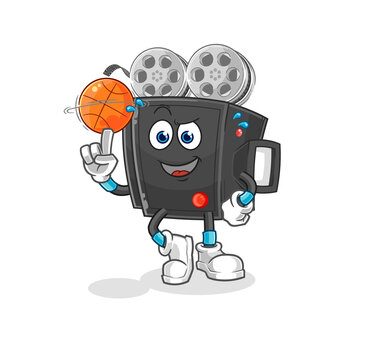 film camera playing basket ball mascot. cartoon vector