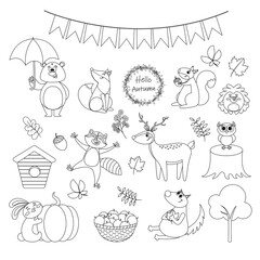Forest animals. Autumn collection in line style