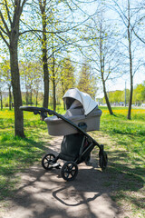 A gray stroller for a newborn baby stands in a summer green park