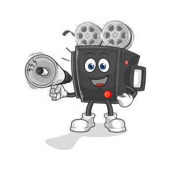 film camera holding hand loudspeakers vector. cartoon character