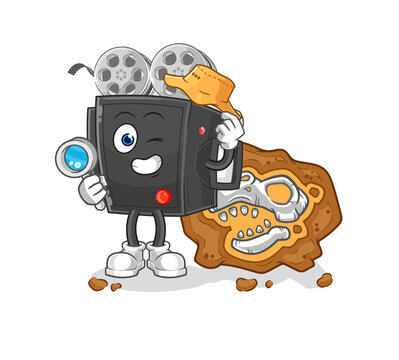 film camera archaeologists with fossils mascot. cartoon vector