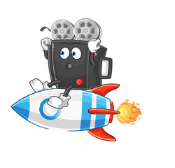 film camera ride a rocket cartoon mascot vector