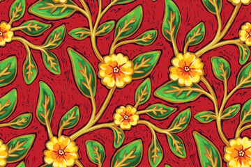 Seamless floral pattern with decorative blooming branches. Old-fashioned botanical print with small painting flowers, leaves, branches on a red background. Vector illustration.